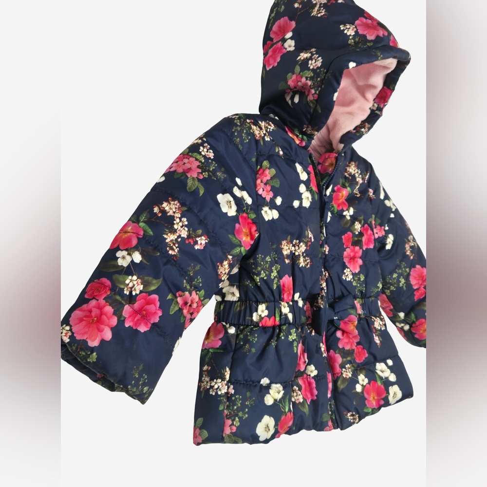Little Me 2T Navy Floral Puffer Coat Pink Fleece Lined Hooded Jacket 2T Girl - Picture 9 of 10